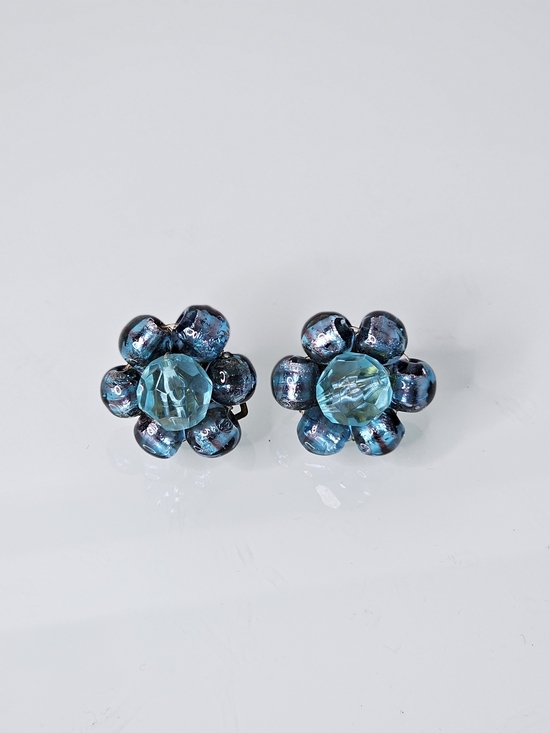 Brand Unknown Jewelry - Vintage Blue Beaded Cluster Clip Earrings 1960s-70s Made in Italy